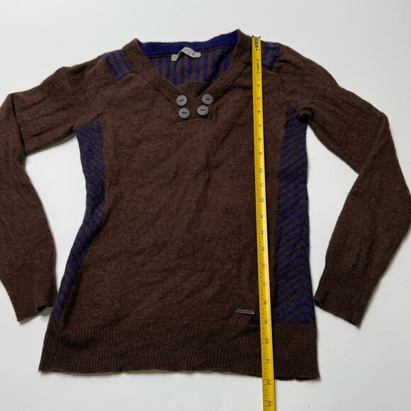 Smartwool Piney Lake Sweater Women S 100% Merino Wool Brown Blue Henley FLAWED - Picture 3 of 10